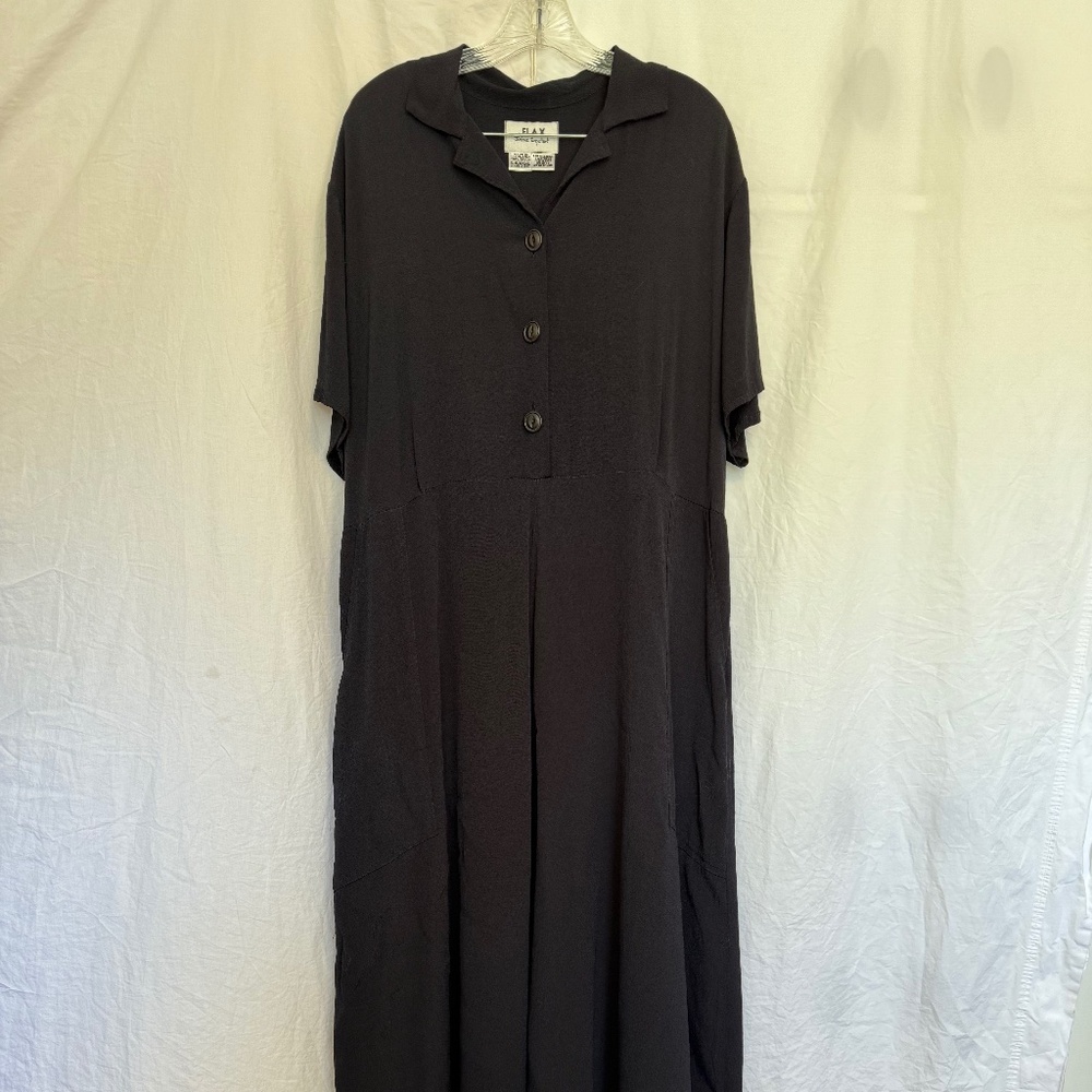FLAX by Jeanne Englehart  Vintage Black Button-Front Midi Dress Large